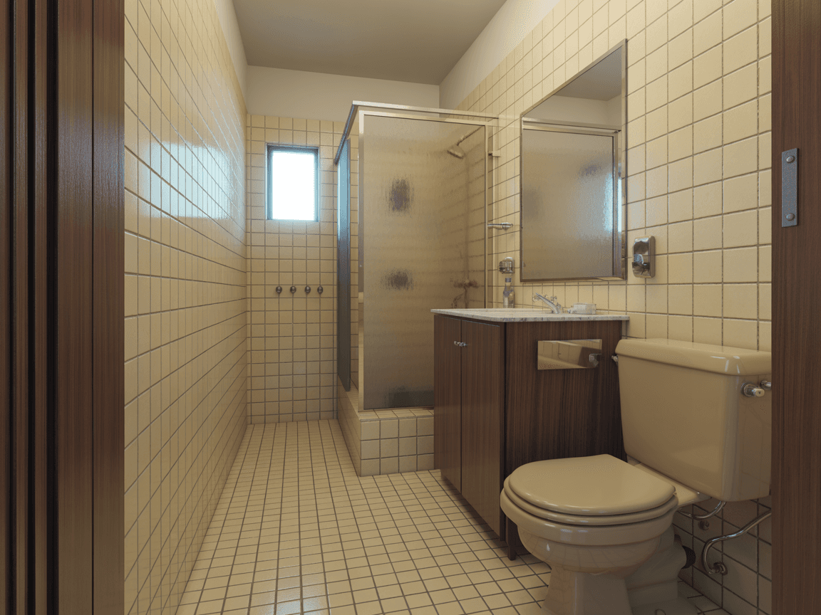 Dated cream tiled bathroom with dark vanity before renovation