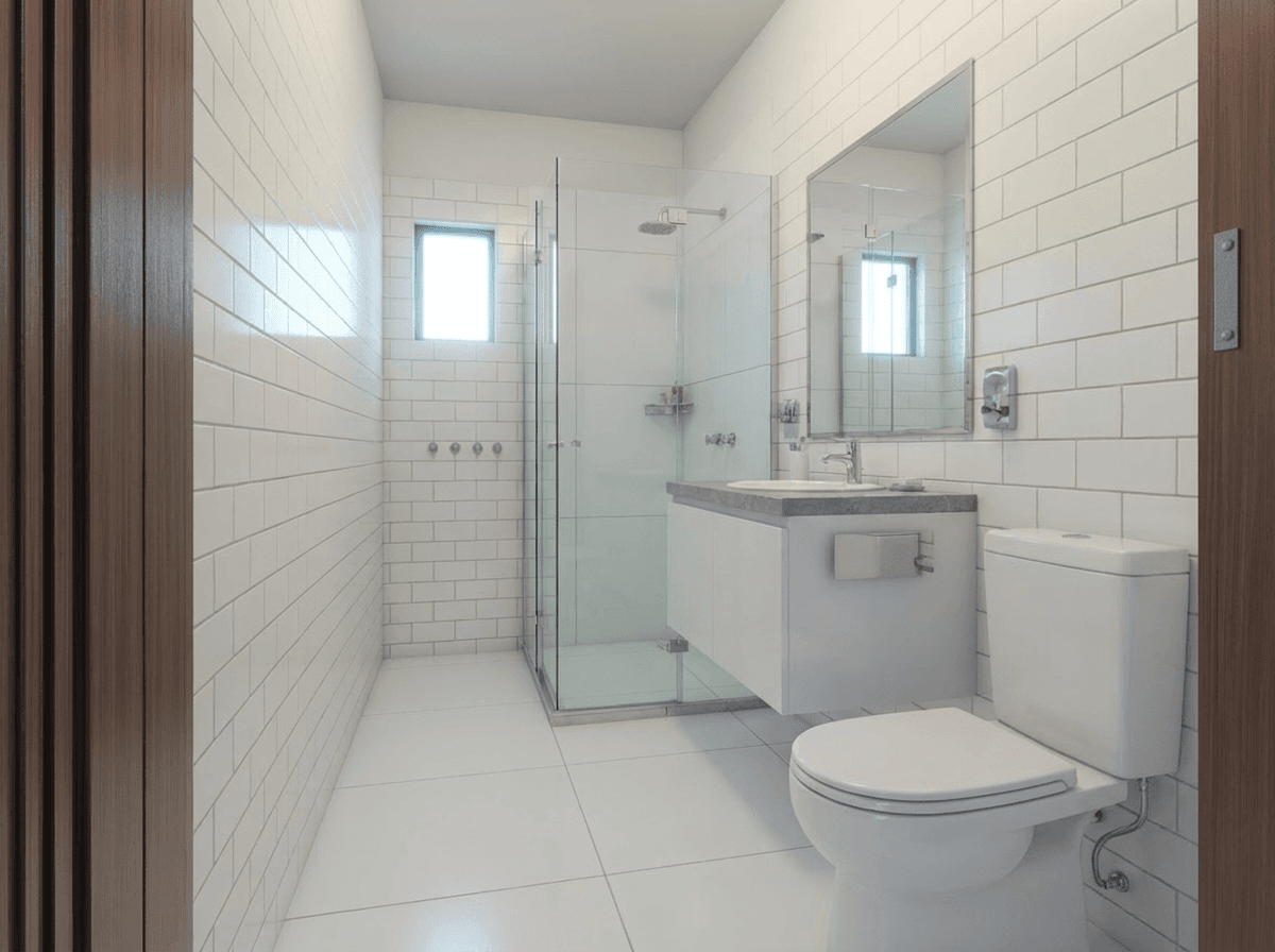 Modern white tiled bathroom with floating vanity after ELLA renovation