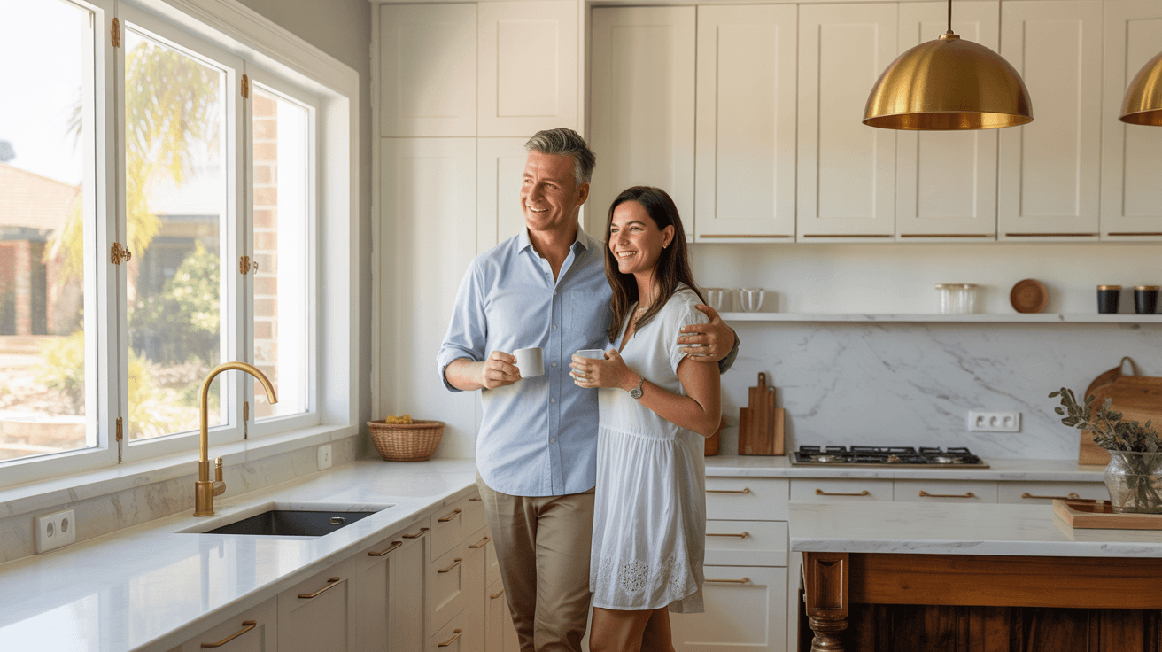 Happy couple in their renovated modern kitchen