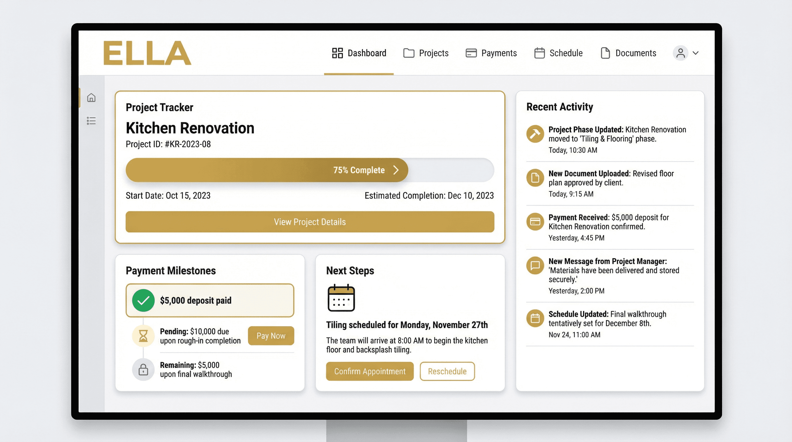 ELLA customer dashboard showing renovation progress
